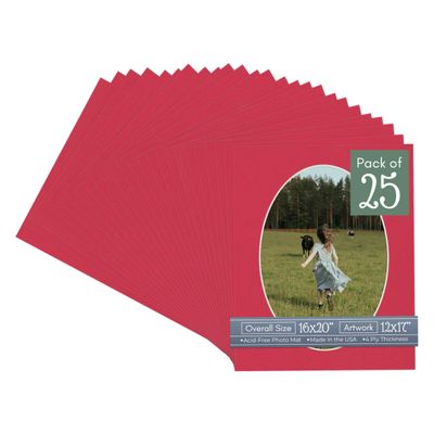 CountryArtHouse Deep Red Acid Free 16x20 Oval Picture Frame Mat with White Core Bevel Cut for 12x17 Pictures - Fits 16x20 Frame - Pack of 25 Matboard Show Kits with Acid Free Backings & Clear Bags