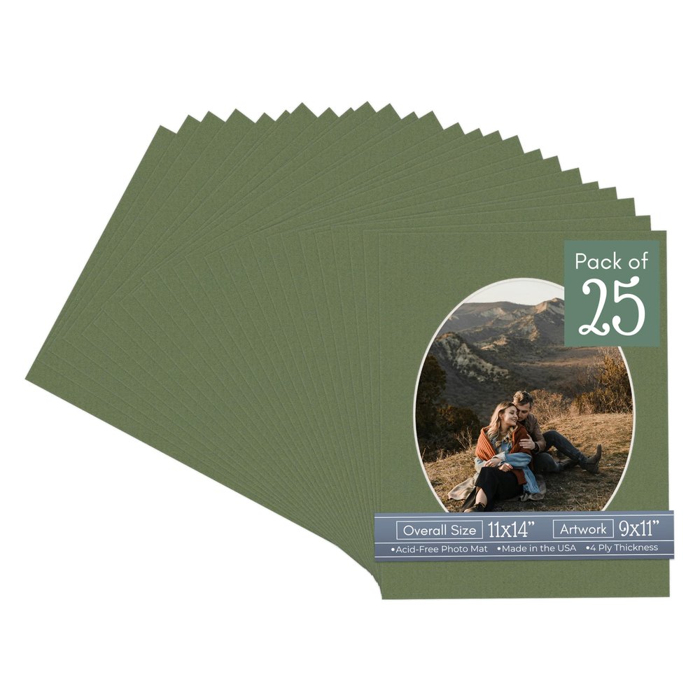 Dill Green Acid Free 11x14 Oval Picture Frame Mat with White Core Bevel Cut for 9x11 Pictures - Fits 11x14 Frame - Pack of 25 Matboard Show Kits with Acid Free Backings & Clear Bags