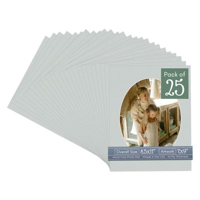 CountryArtHouse Grey Acid Free 8.5x11 Oval Picture Frame Mat with White Core Bevel Cut for 7x9 Pictures - Fits 8.5x11 Frame - Pack of 25 Matboards