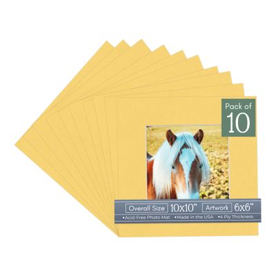 CountryArtHouse Chamois Yellow Acid Free 10x10 Square Picture Frame Mat with White Core Bevel Cut for 6x6 Pictures - Fits 10x10 Frame - Pack of 10 Matboards