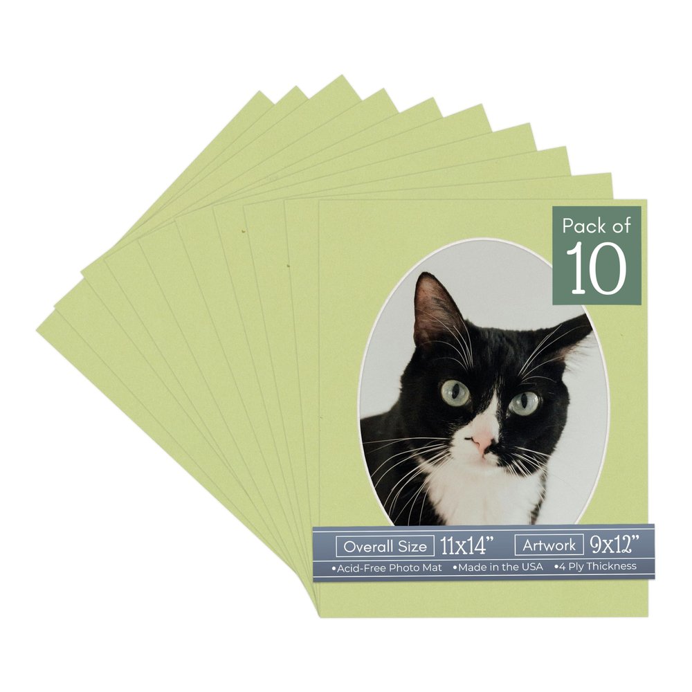 CountryArtHouse Pistachio Green Acid Free 11x14 Oval Picture Frame Mat with White Core Bevel Cut for 9x12 Pictures - Fits 11x14 Frame - Pack of 10 Matboards