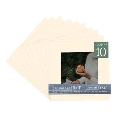CountryArtHouse Cream Acid Free 11x11 Square Picture Frame Mat with White Core Bevel Cut for 7x7 Pictures - Fits 11x11 Frame - Pack of 10 Matboard Show Kits With Acid Free Backings & Clear Bags