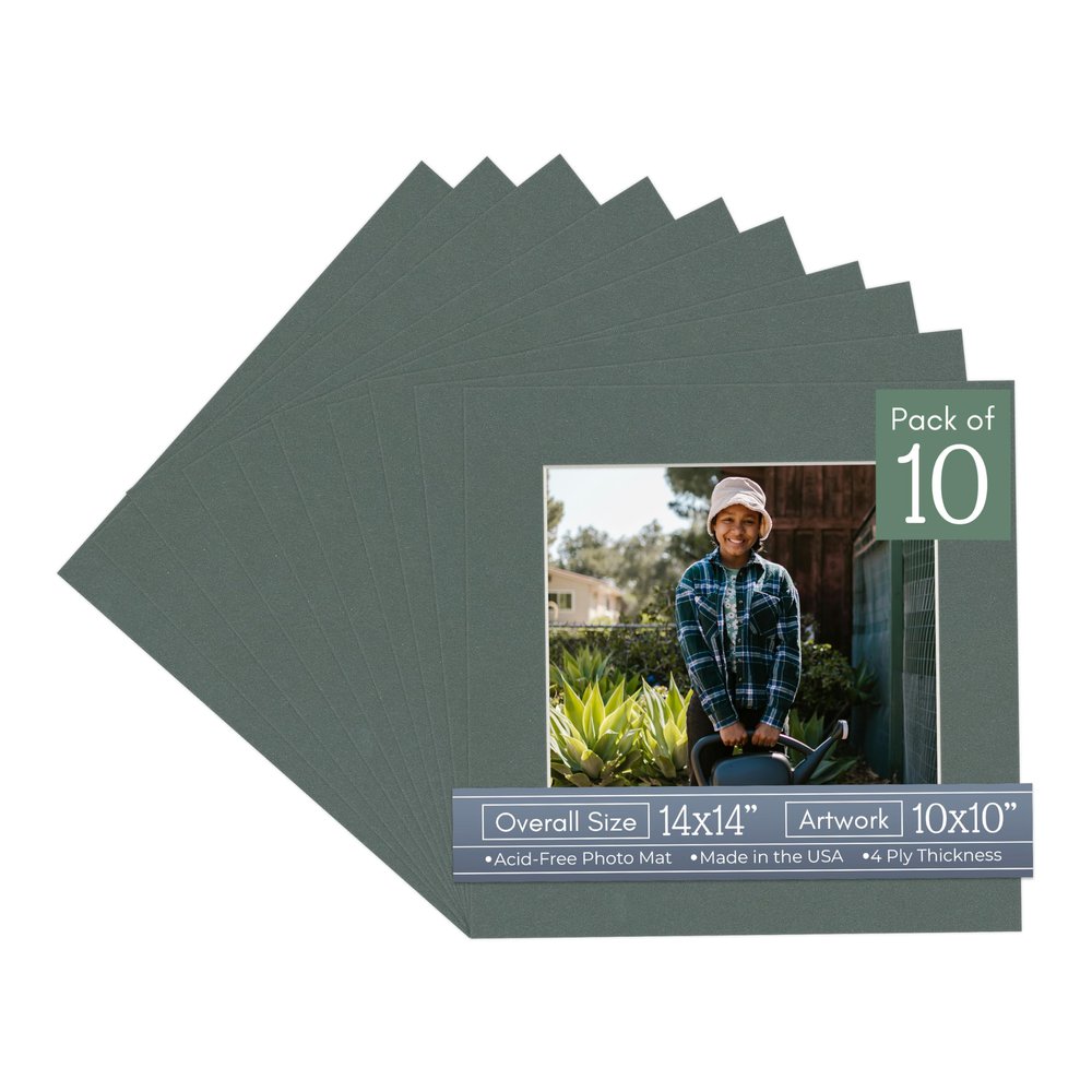 CountryArtHouse Charcoal Acid Free 14x14 Square Picture Frame Mat with White Core Bevel Cut for 10x10 Pictures - Fits 14x14 Frame - Pack of 10 Matboards