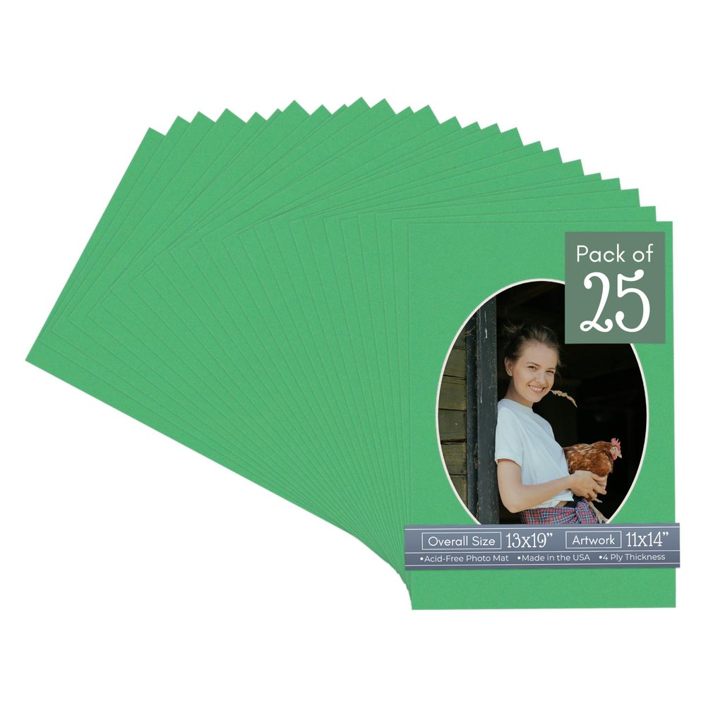 Bright Green Acid Free 13x19 Oval Picture Frame Mat with White Core Bevel Cut for 11x14 Pictures - Fits 13x19 Frame - Pack of 25 Matboard Show Kits With Acid Free Backings & Clear Bags