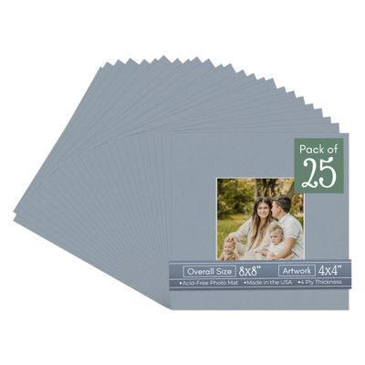 CountryArtHouse Mid Grey Acid Free 8x8 Square Picture Frame Mat with White Core Bevel Cut for 4x4 Pictures - Fits 8x8 Frame - Pack of 25 Matboard Show Kits with Acid Free Backings & Clear Bags