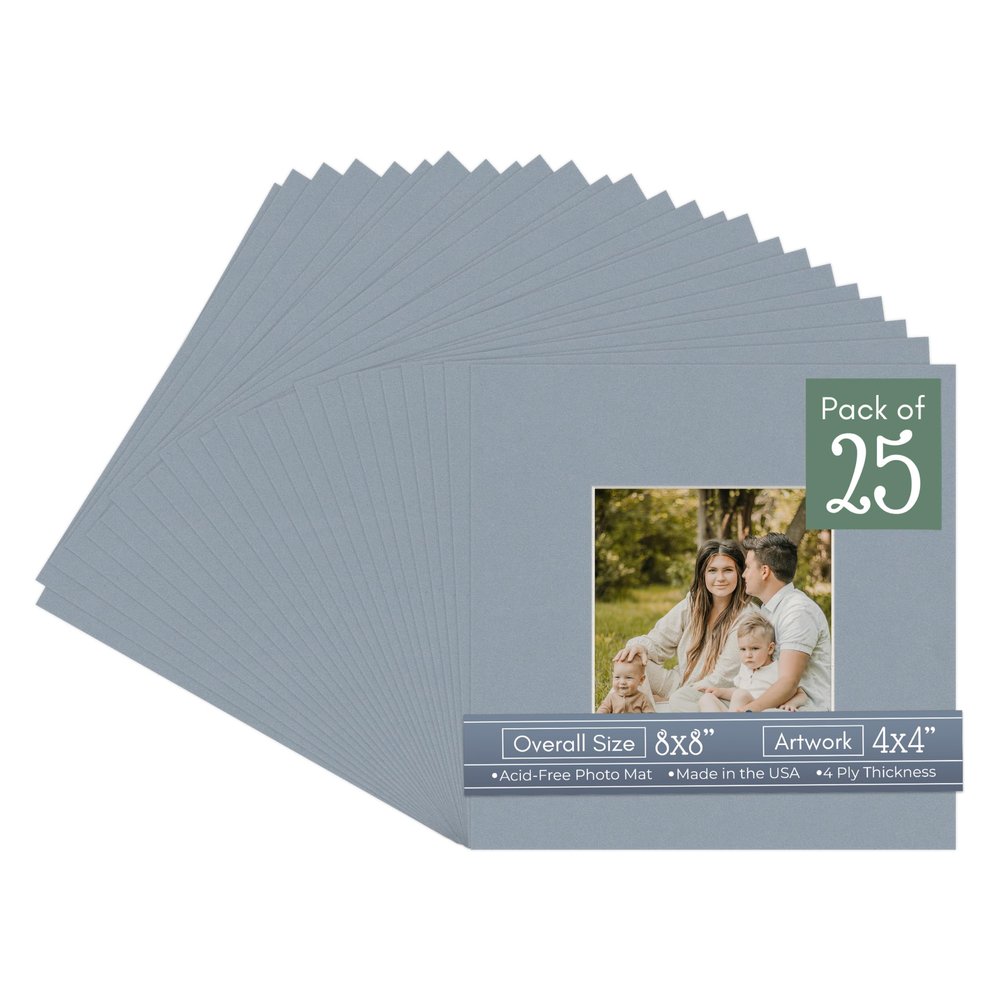 CountryArtHouse Mid Grey Acid Free 8x8 Square Picture Frame Mat with White Core Bevel Cut for 4x4 Pictures - Fits 8x8 Frame - Pack of 25 Matboard Show Kits with Acid Free Backings & Clear Bags