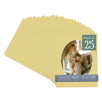 Soft Yellow Acid Free 8.5x11 Oval Picture Frame Mat with White Core Bevel Cut for 7x9 Pictures - Fits 8.5x11 Frame - Pack of 25 Matboard Show Kits With Acid Free Backings & Clear Bags