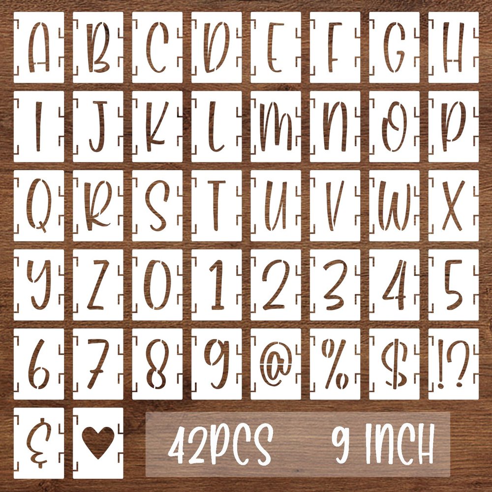 BAMIDELE 9 Inch Alphabet Letter Stencils, 42 Pcs Reusable Plastic Letters Numbers Symbol Interlocking Drawing Template Kit for Painting on Wood, Fabric, Rock, Chalkboard, Door Porch, Wall, Signage