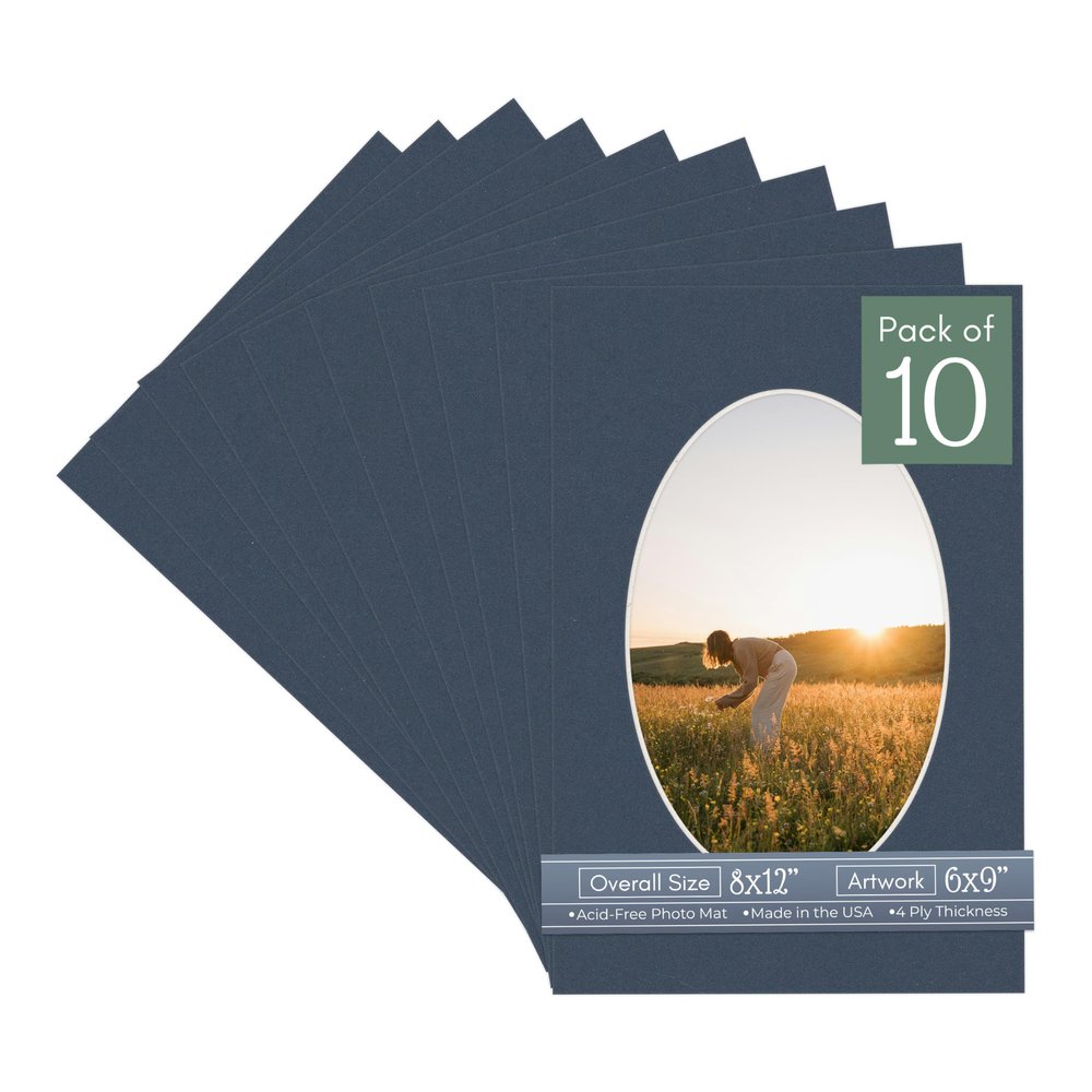 CountryArtHouse Navy Blue Acid Free 8x12 Oval Picture Frame Mat with White Core Bevel Cut for 6x9 Pictures - Fits 8x12 Frame - Pack of 10 Matboards