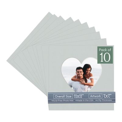 CountryArtHouse Grey Acid Free 11x11 Heart Picture Frame Mat with White Core Bevel Cut for 7x7 Pictures - Fits 11x11 Frame - Pack of 10 Matboards