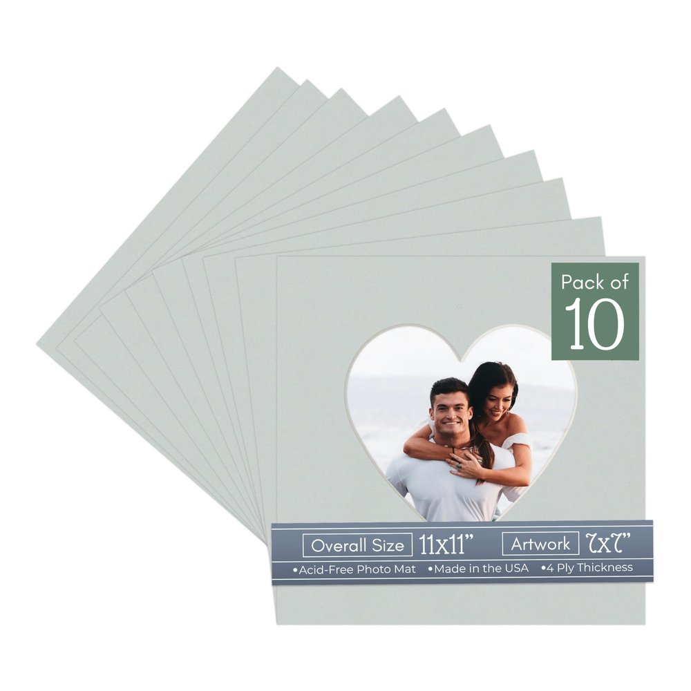 CountryArtHouse Grey Acid Free 11x11 Heart Picture Frame Mat with White Core Bevel Cut for 7x7 Pictures - Fits 11x11 Frame - Pack of 10 Matboards