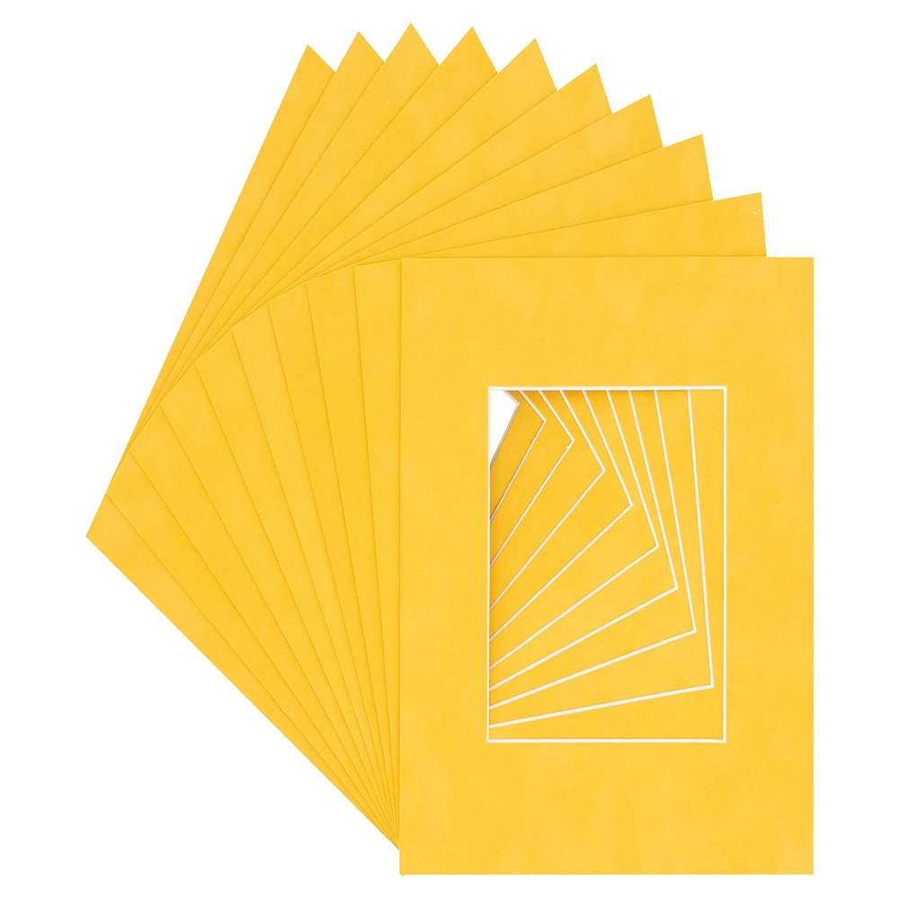 Bright Yellow Acid Free 11x11 Square Picture Frame Mat with White Core Bevel Cut for 7x7 Pictures - Fits 11x11 Frame - Pack of 25 Matboard Show Kits With Acid Free Backings & Clear Bags