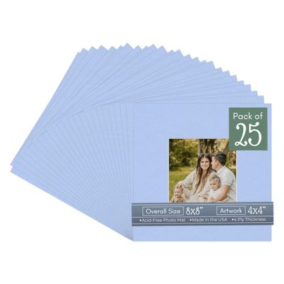 CountryArtHouse Baby Blue Acid Free 8x8 Square Picture Frame Mat with White Core Bevel Cut for 4x4 Pictures - Fits 8x8 Frame - Pack of 25 Matboard Show Kits With Acid Free Backings & Clear Bags