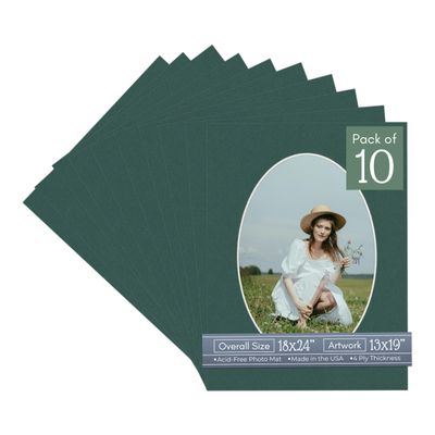 Forest Green Acid Free 18x24 Oval Picture Frame Mat with White Core Bevel Cut for 13x19 Pictures - Fits 18x24 Frame - Pack of 10 Matboard Show Kits With Acid Free Backings & Clear Bags
