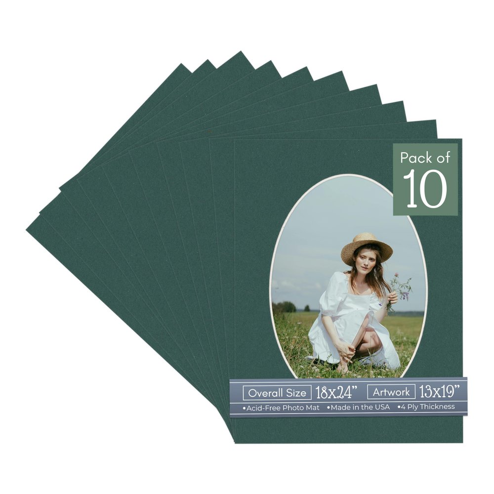 Forest Green Acid Free 18x24 Oval Picture Frame Mat with White Core Bevel Cut for 13x19 Pictures - Fits 18x24 Frame - Pack of 10 Matboard Show Kits With Acid Free Backings & Clear Bags