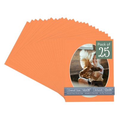 CountryArtHouse Orange Acid Free 14x18 Oval Picture Frame Mat with White Core Bevel Cut for 12x16 Pictures - Fits 14x18 Frame - Pack of 25 Matboard Show Kits With Acid Free Backings & Clear Bags