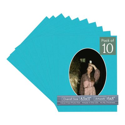Aquamarine Blue Acid Free 8.5x11 Oval Picture Frame Mat with White Core Bevel Cut for 6x8 Pictures - Fits 8.5x11 Frame - Pack of 10 Matboard Show Kits With Acid Free Backings & Clear Bags