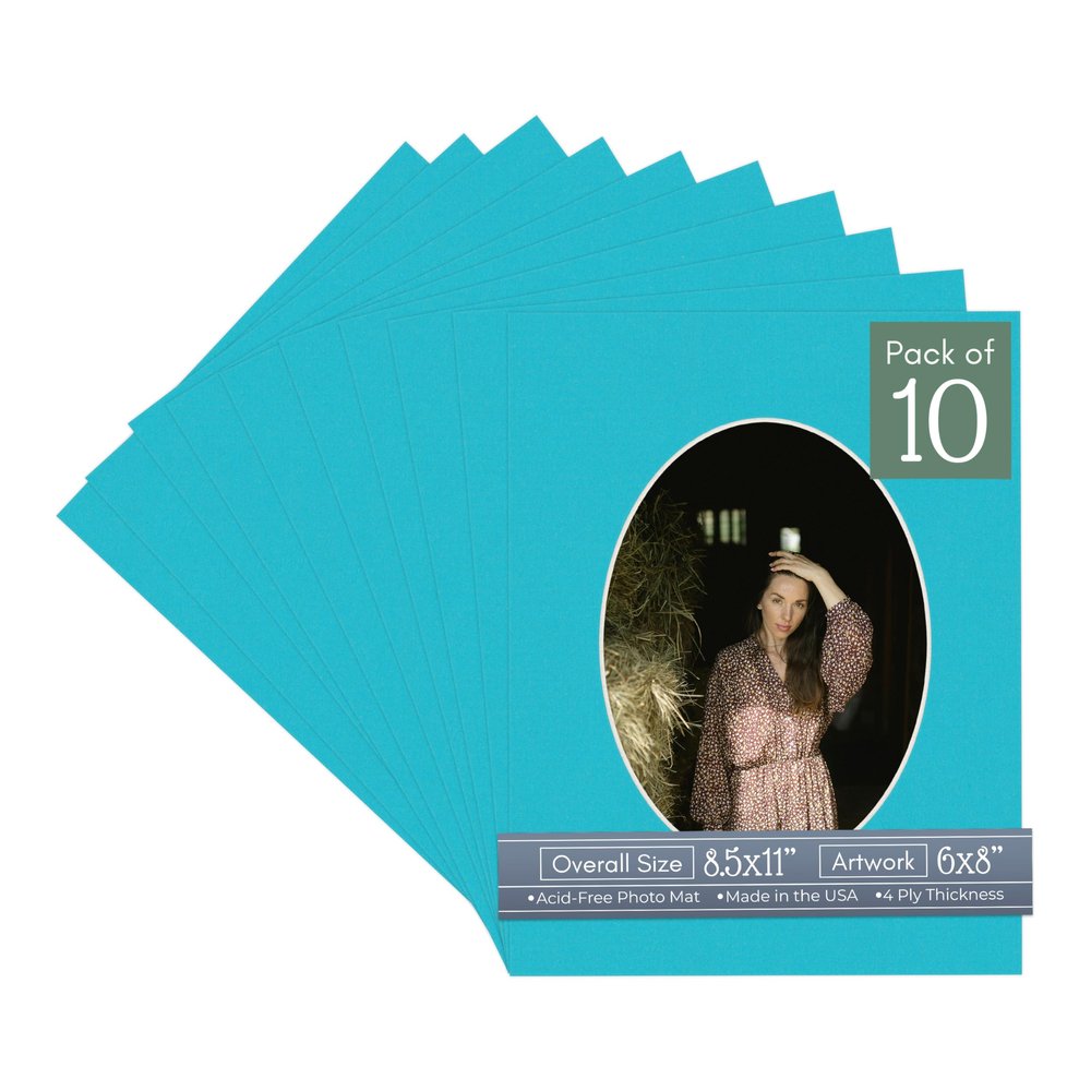 Aquamarine Blue Acid Free 8.5x11 Oval Picture Frame Mat with White Core Bevel Cut for 6x8 Pictures - Fits 8.5x11 Frame - Pack of 10 Matboard Show Kits With Acid Free Backings & Clear Bags
