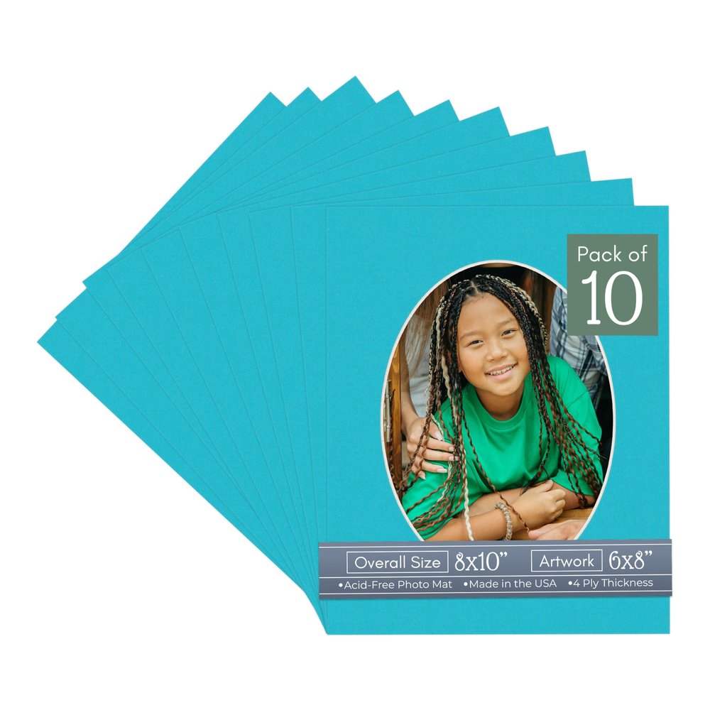 CountryArtHouse Aquamarine Blue Acid Free 8x10 Oval Picture Frame Mat with White Core Bevel Cut for 6x8 Pictures - Fits 8x10 Frame - Pack of 10 Matboards