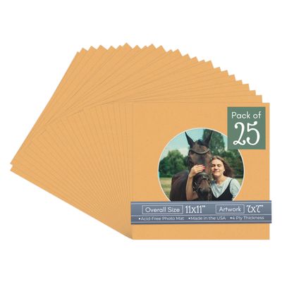Topaz Orange Acid Free 11x11 Circle Picture Frame Mat with White Core Bevel Cut for 7x7 Pictures - Fits 11x11 Frame - Pack of 25 Matboard Show Kits with Acid Free Backings & Clear Bags