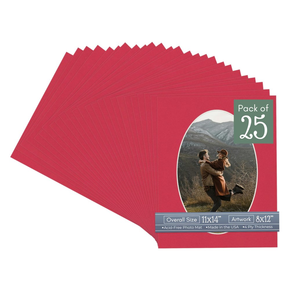 Deep Red Acid Free 11x14 Oval Picture Frame Mat with White Core Bevel Cut for 8x12 Pictures - Fits 11x14 Frame - Pack of 25 Matboards