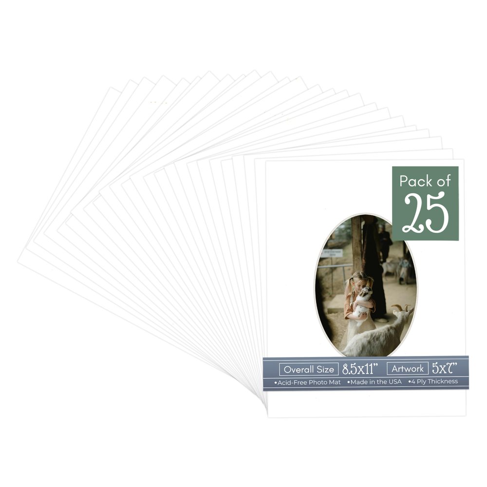 CountryArtHouse Textured White Acid Free 8.5x11 Oval Picture Frame Mat with White Core Bevel Cut for 5x7 Pictures - Fits 8.5x11 Frame - Pack of 25 Matboards