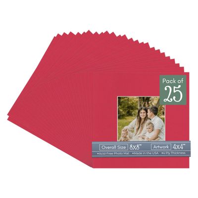 CountryArtHouse Deep Red Acid Free 8x8 Square Picture Frame Mat with White Core Bevel Cut for 4x4 Pictures - Fits 8x8 Frame - Pack of 25 Matboard Show Kits with Acid Free Backings & Clear Bags