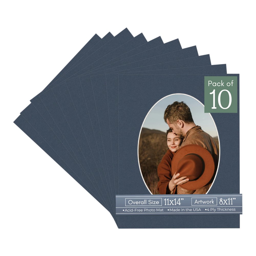 CountryArtHouse Navy Blue Acid Free 11x14 Oval Picture Frame Mat with White Core Bevel Cut for 8x11 Pictures - Fits 11x14 Frame - Pack of 10 Matboard Show Kits With Acid Free Backings & Clear Bags