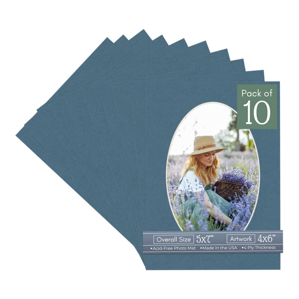 CountryArtHouse Steel Blue Acid Free 5x7 Oval Picture Frame Mat with White Core Bevel Cut for 4x6 Pictures - Fits 5x7 Frame - Pack of 10 Matboards