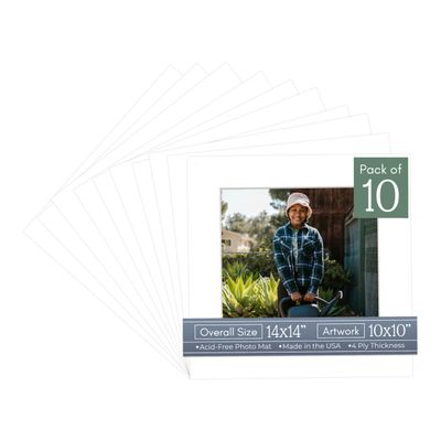 CountryArtHouse White Acid Free 14x14 Square Picture Frame Mat with White Core Bevel Cut for 10x10 Pictures - Fits 14x14 Frame - Pack of 10 Matboard Show Kits With Acid Free Backings & Clear Bags