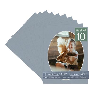 CountryArtHouse Mid Grey Acid Free 14x18 Oval Picture Frame Mat with White Core Bevel Cut for 12x16 Pictures - Fits 14x18 Frame - Pack of 10 Matboards