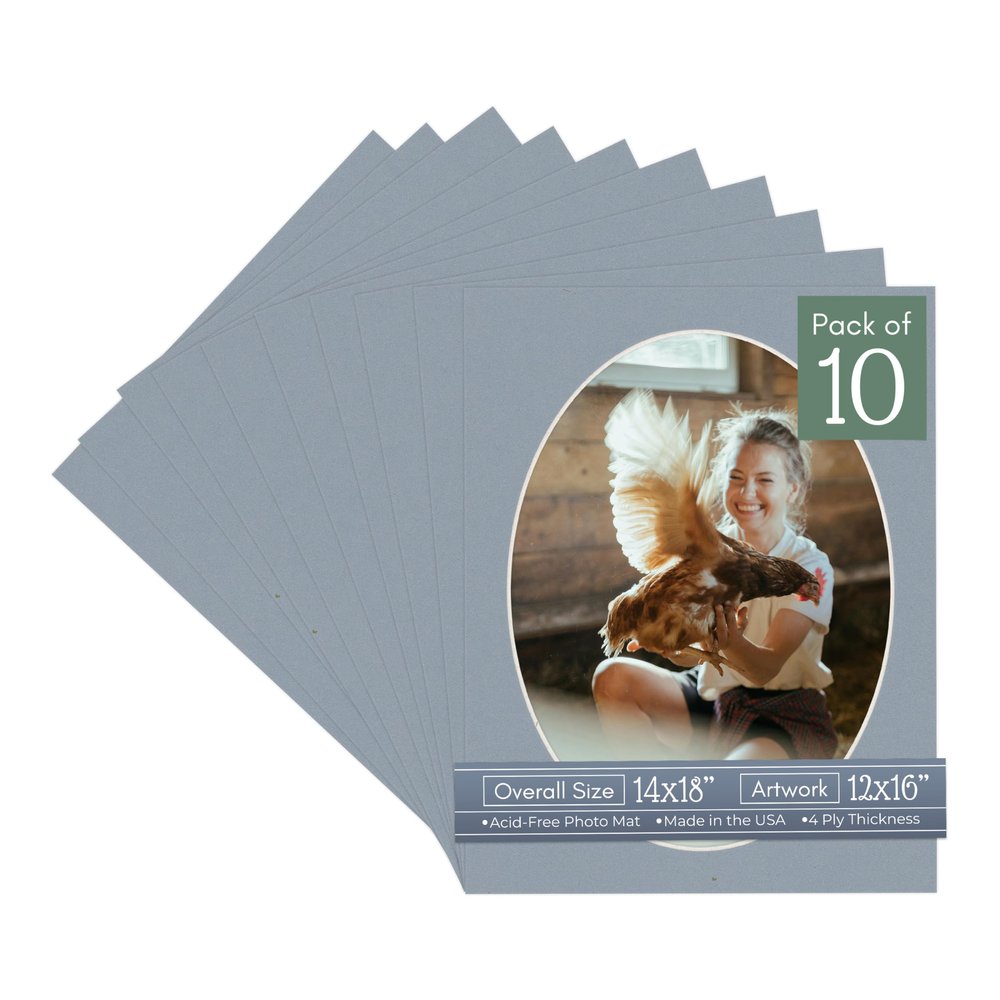 CountryArtHouse Mid Grey Acid Free 14x18 Oval Picture Frame Mat with White Core Bevel Cut for 12x16 Pictures - Fits 14x18 Frame - Pack of 10 Matboards