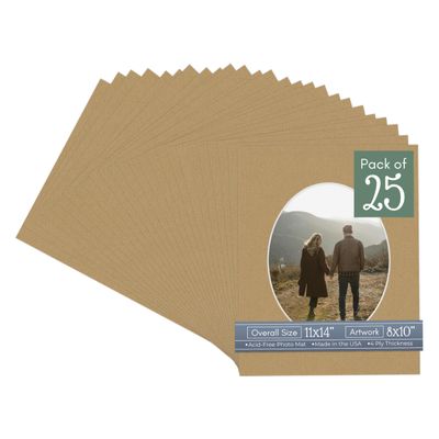 Rattan Beige Acid Free 11x14 Oval Picture Frame Mat with White Core Bevel Cut for 8x10 Pictures - Fits 11x14 Frame - Pack of 25 Matboard Show Kits With Acid Free Backings & Clear Bags