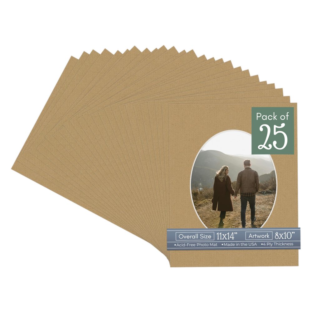 Rattan Beige Acid Free 11x14 Oval Picture Frame Mat with White Core Bevel Cut for 8x10 Pictures - Fits 11x14 Frame - Pack of 25 Matboard Show Kits With Acid Free Backings & Clear Bags