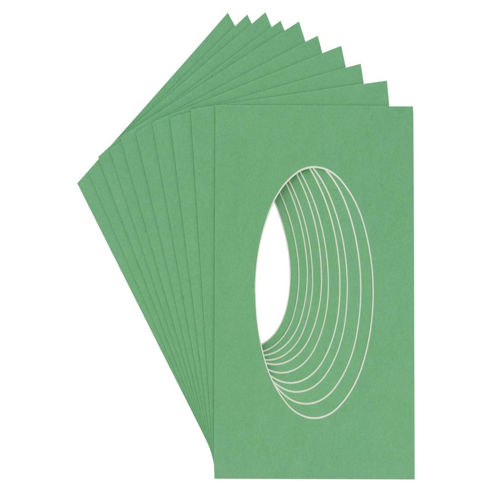 CountryArtHouse Turf Green Jade Acid Free 8x10 Oval Picture Frame Mat with White Core Bevel Cut for 5x6 Pictures - Fits 8x10 Frame - Pack of 10 Matboard Show Kits with Acid Free Backings & Clear Bags