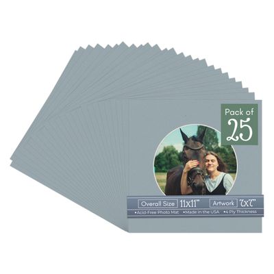 Metallic Silver Acid Free 11x11 Circle Picture Frame Mat with White Core Bevel Cut for 7x7 Pictures - Fits 11x11 Frame - Pack of 25 Matboard Show Kits With Acid Free Backings & Clear Bags