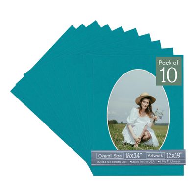 CountryArtHouse Teal Blue Acid Free 18x24 Oval Picture Frame Mat with White Core Bevel Cut for 13x19 Pictures - Fits 18x24 Frame - Pack of 10 Matboard Show Kits with Acid Free Backings & Clear Bags