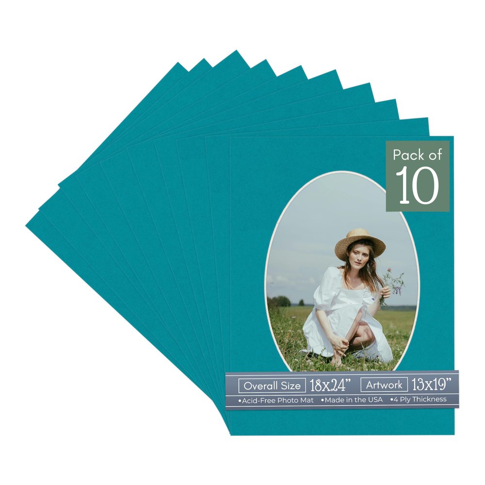 CountryArtHouse Teal Blue Acid Free 18x24 Oval Picture Frame Mat with White Core Bevel Cut for 13x19 Pictures - Fits 18x24 Frame - Pack of 10 Matboard Show Kits with Acid Free Backings & Clear Bags