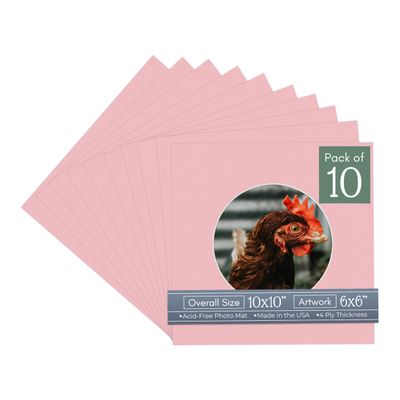 CountryArtHouse Pink Acid Free 10x10 Circle Picture Frame Mat with White Core Bevel Cut for 6x6 Pictures - Fits 10x10 Frame - Pack of 10 Matboard Show Kits With Acid Free Backings & Clear Bags
