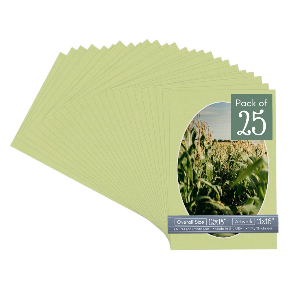 Pistachio Green Acid Free 12x18 Oval Picture Frame Mat with White Core Bevel Cut for 11x16 Pictures - Fits 12x18 Frame - Pack of 25 Matboard Show Kits With Acid Free Backings & Clear Bags