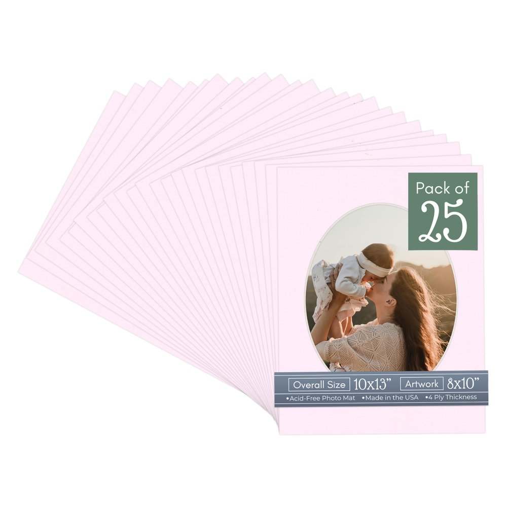 CountryArtHouse Soft Pink Acid Free 10x13 Oval Picture Frame Mat with White Core Bevel Cut for 8x10 Pictures - Fits 10x13 Frame - Pack of 25 Matboard Show Kits With Acid Free Backings & Clear Bags