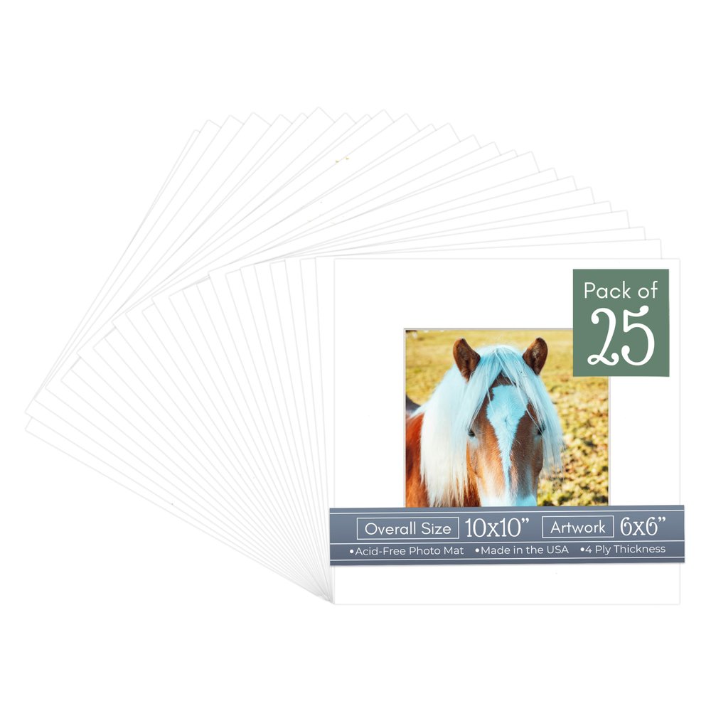 CountryArtHouse Textured White Acid Free 10x10 Square Picture Frame Mat with White Core Bevel Cut for 6x6 Pictures - Fits 10x10 Frame - Pack of 25 Matboards