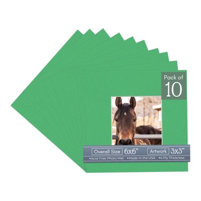 CountryArtHouse Bright Green Acid Free 6x6 Square Picture Frame Mat with White Core Bevel Cut for 3x3 Pictures - Fits 6x6 Frame - Pack of 10 Matboards