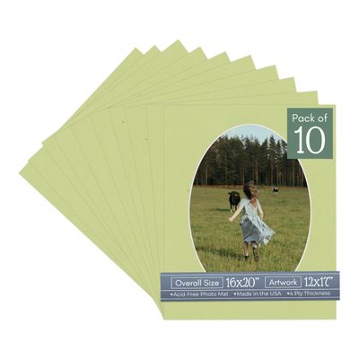 Pistachio Green Acid Free 16x20 Oval Picture Frame Mat with White Core Bevel Cut for 12x17 Pictures - Fits 16x20 Frame - Pack of 10 Matboard Show Kits With Acid Free Backings & Clear Bags