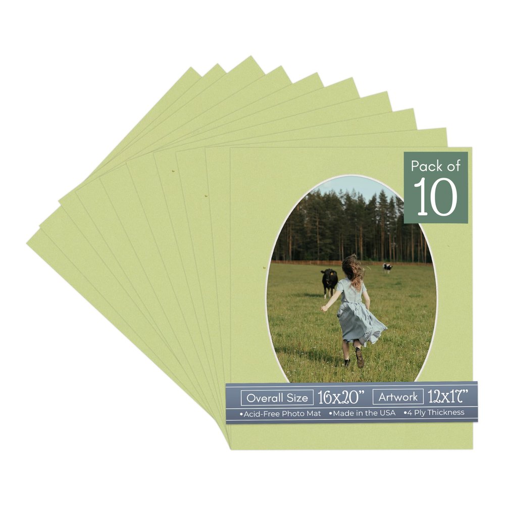 Pistachio Green Acid Free 16x20 Oval Picture Frame Mat with White Core Bevel Cut for 12x17 Pictures - Fits 16x20 Frame - Pack of 10 Matboard Show Kits With Acid Free Backings & Clear Bags