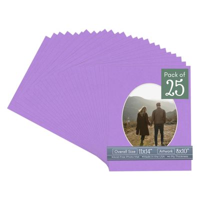 Light Purple Acid Free 11x14 Oval Picture Frame Mat with White Core Bevel Cut for 8x10 Pictures - Fits 11x14 Frame - Pack of 25 Matboard Show Kits With Acid Free Backings & Clear Bags
