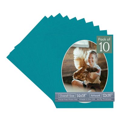 CountryArtHouse Teal Blue Acid Free 14x18 Oval Picture Frame Mat with White Core Bevel Cut for 12x16 Pictures - Fits 14x18 Frame - Pack of 10 Matboards