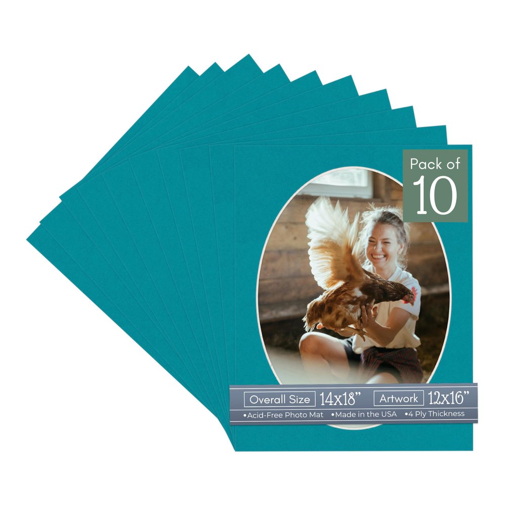 CountryArtHouse Teal Blue Acid Free 14x18 Oval Picture Frame Mat with White Core Bevel Cut for 12x16 Pictures - Fits 14x18 Frame - Pack of 10 Matboards