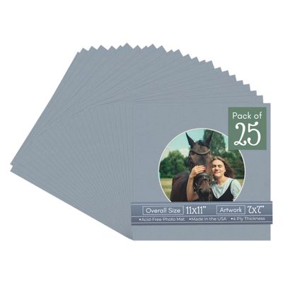 CountryArtHouse Mid Grey Acid Free 11x11 Circle Picture Frame Mat with White Core Bevel Cut for 7x7 Pictures - Fits 11x11 Frame - Pack of 25 Matboard Show Kits with Acid Free Backings & Clear Bags