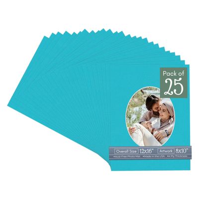 Aquamarine Blue Acid Free 12x16 Oval Picture Frame Mat with White Core Bevel Cut for 8x10 Pictures - Fits 12x16 Frame - Pack of 25 Matboard Show Kits With Acid Free Backings & Clear Bags
